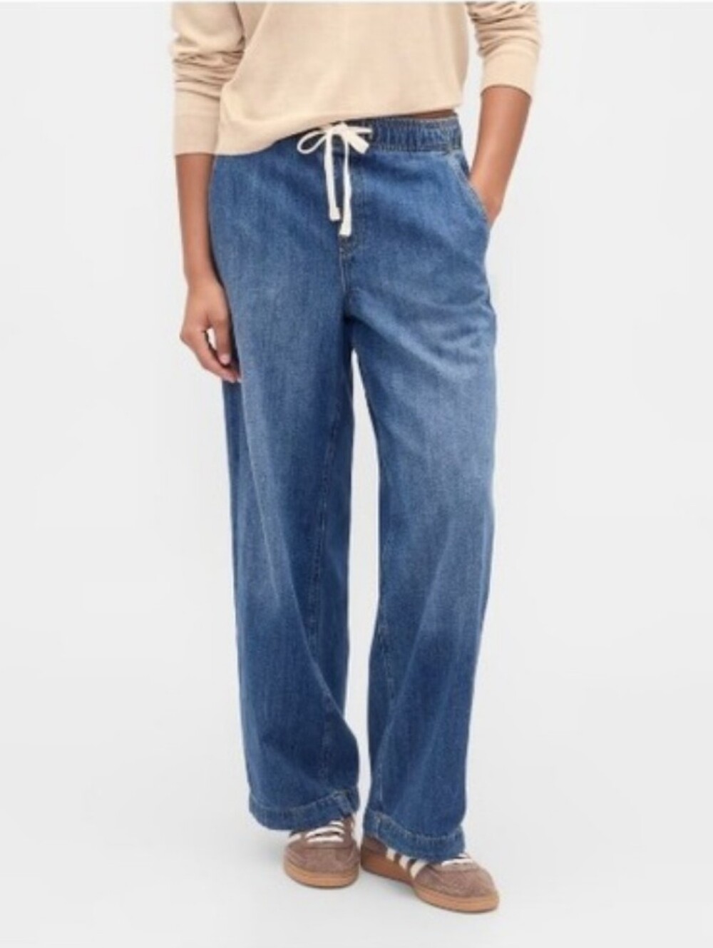NWT GAP Wide Leg High Rise Elastic Drawstring Jeans Medium Blue Casual